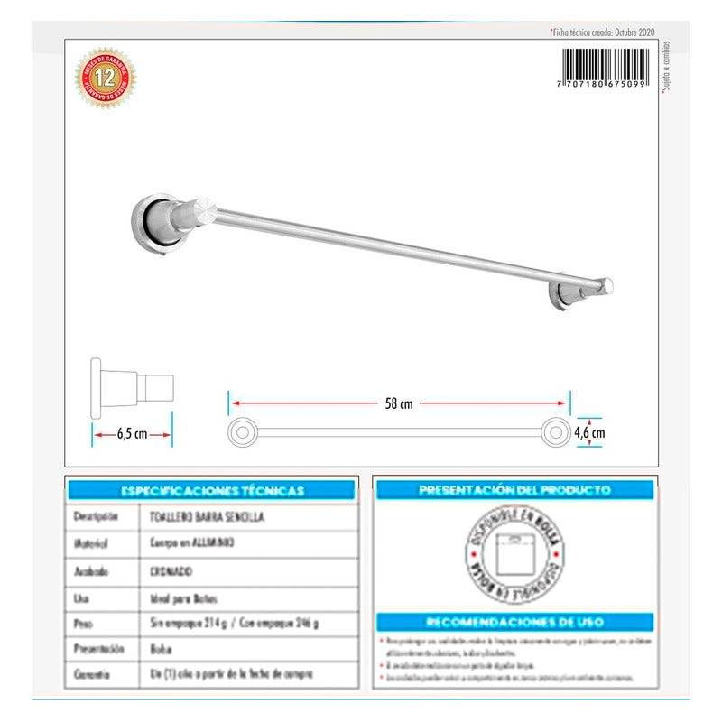 Toallero Barra Para Baño Sencillo En Aluminio