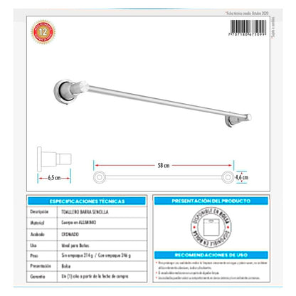 Toallero Barra Para Baño Sencillo En Aluminio