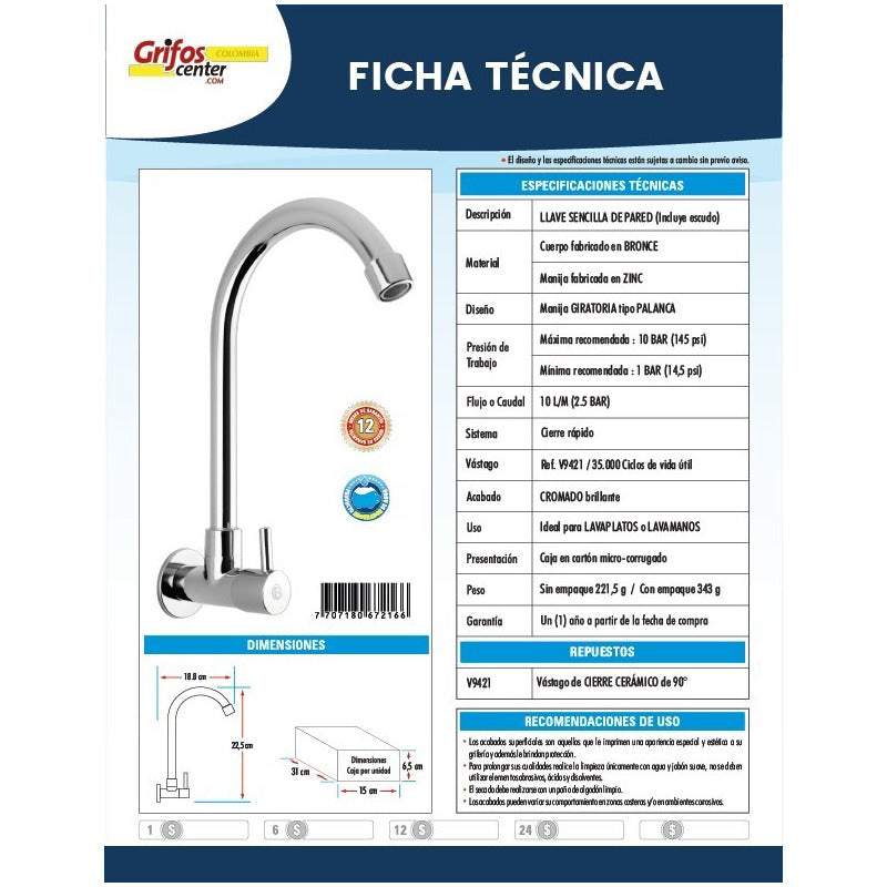 Llave Lavaplatos-lavamanos Para Pared En Bronce