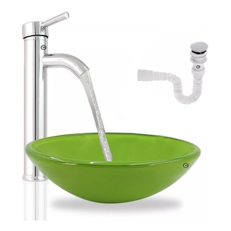 Kit Lavamanos Cristal Verde Y Griferia Monocontrol, Desague
