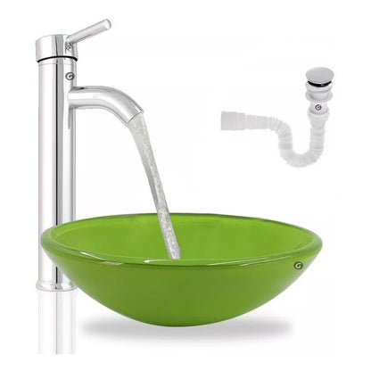 Kit Lavamanos Cristal Verde Y Griferia Monocontrol, Desague