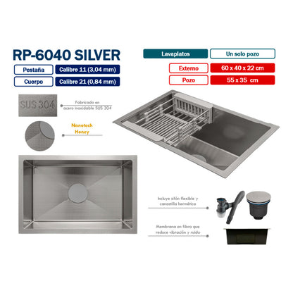 Lavaplatos Silver Gris 60*40*22cm + Accesorios