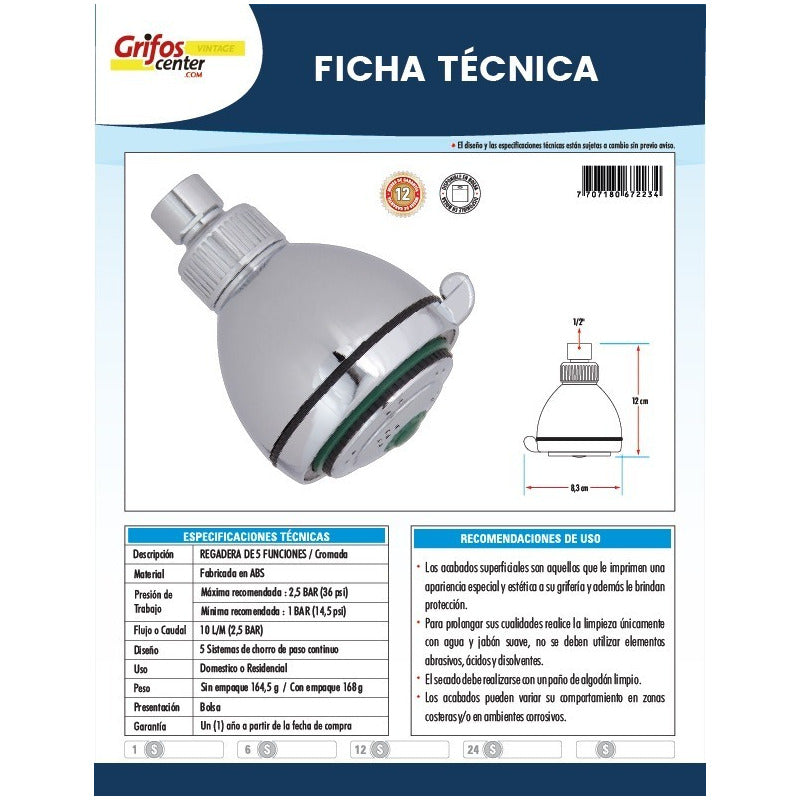 Regadera Cinco Funciones Cromada