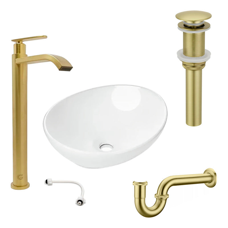 Combo Lavamanos Canoa+griferia Ag.fria+push+sifon Oro Cep.