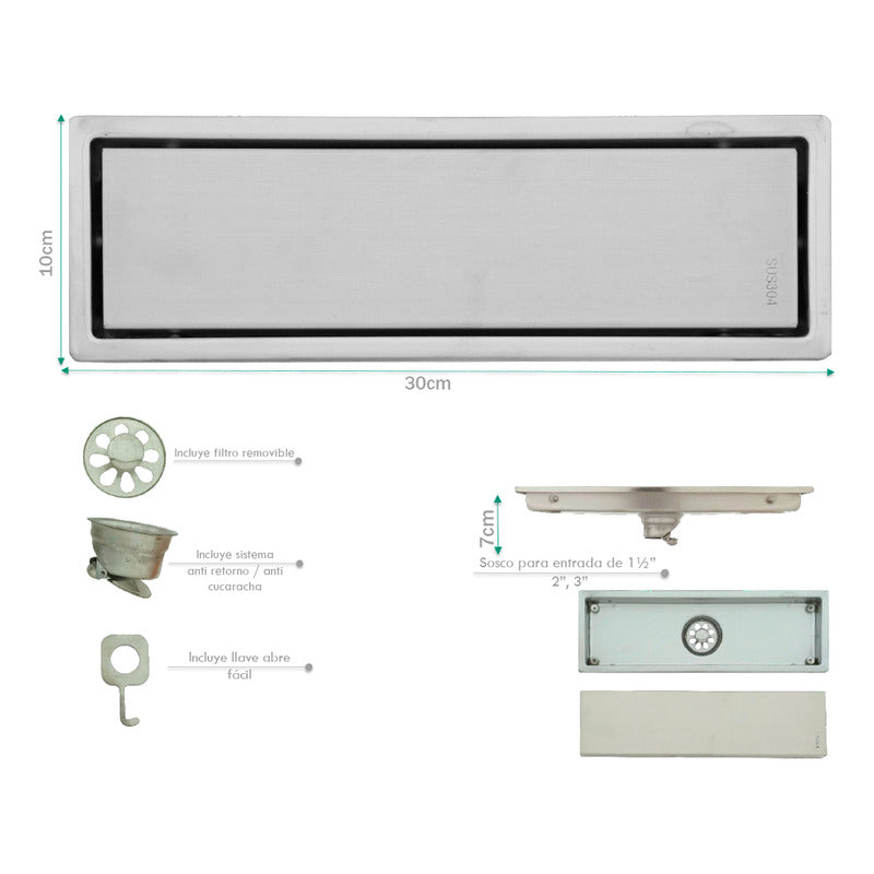 Rejilla De Piso Invisible Plateada Acero Inox 30x10cm