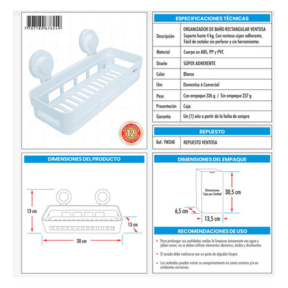 Organizador De Baño Rectangular Ventosa Color Blanco