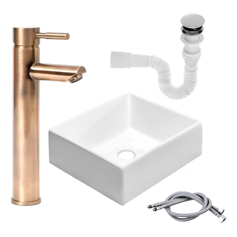 Kit Lavamanos Cuadrado+grifo Monocontrol Bronce Antiguo+push