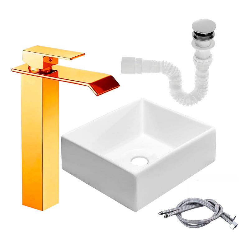 Kit Lavamanos Cuadrado+grifo Monocontrol Oro Brillante+push