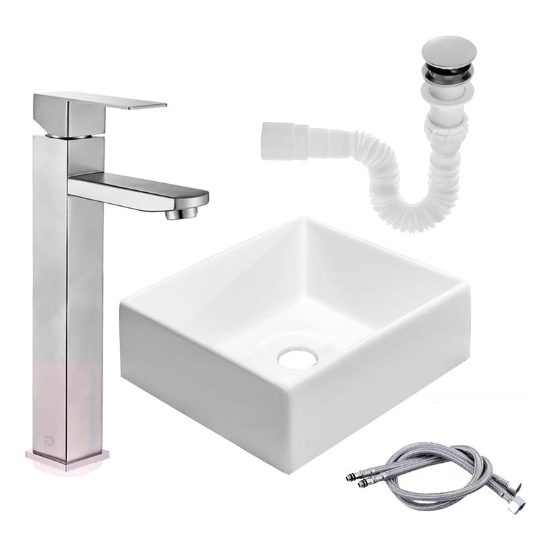 Kit Lavamanos Cuadrado+grifo Monocontrol Cuadrada Satinada+p