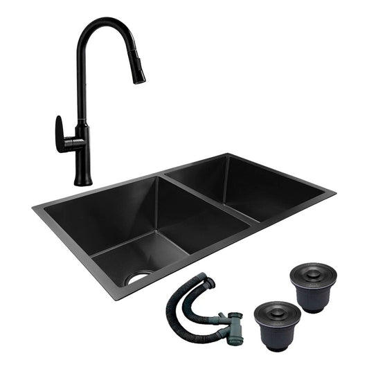 Combo Lavaplatos Doble 77*45cm+griferia Lvp Negra Extraible