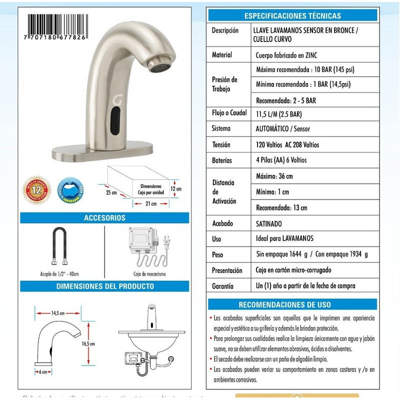 Llave Lavamanos Satinada Cuello Curvo Con Sensor En Bronce