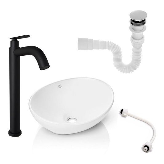 Kit Lavamanos Blanco+griferia Agua Fria Negro +push Y Acople