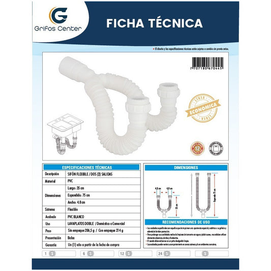 Sifon Flexible Doble Lavaplatos/lavamanos Blanco