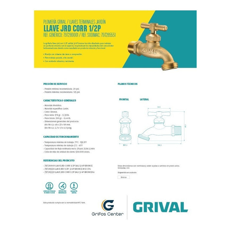 Grifería Llave Jardín Corriente Bronce Grival
