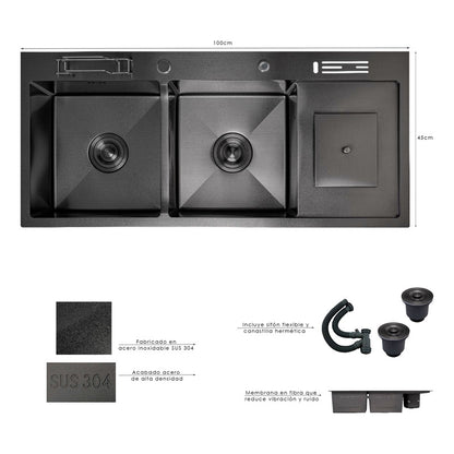 Lavaplatos Negro Doble Poceta 100x45cm +accesorios