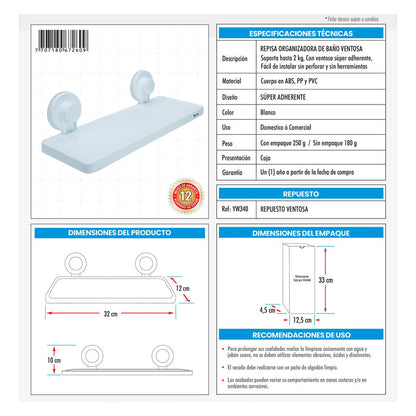 Repisa Organizadora Para Baño Con Ventosa Blanco