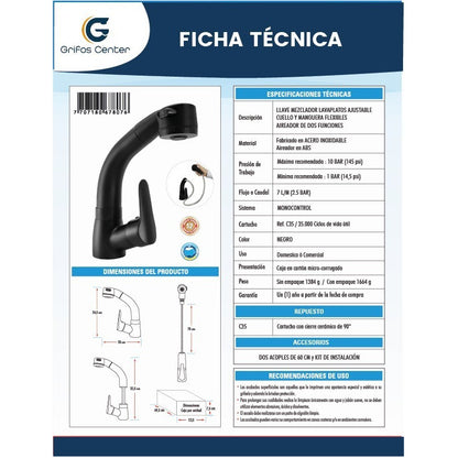 Griferia Lavaplatos Monocontrol Acero Inoxidable Negro