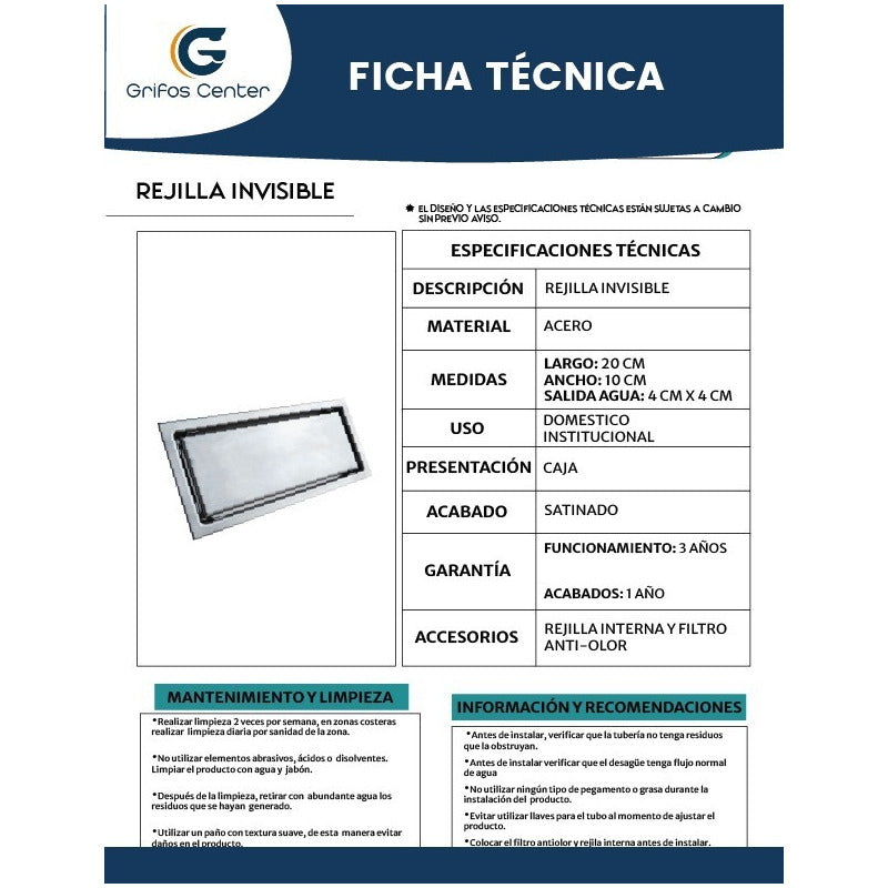 Rejilla Sifon Piso Invisible 20cm X 10cm Acero 304