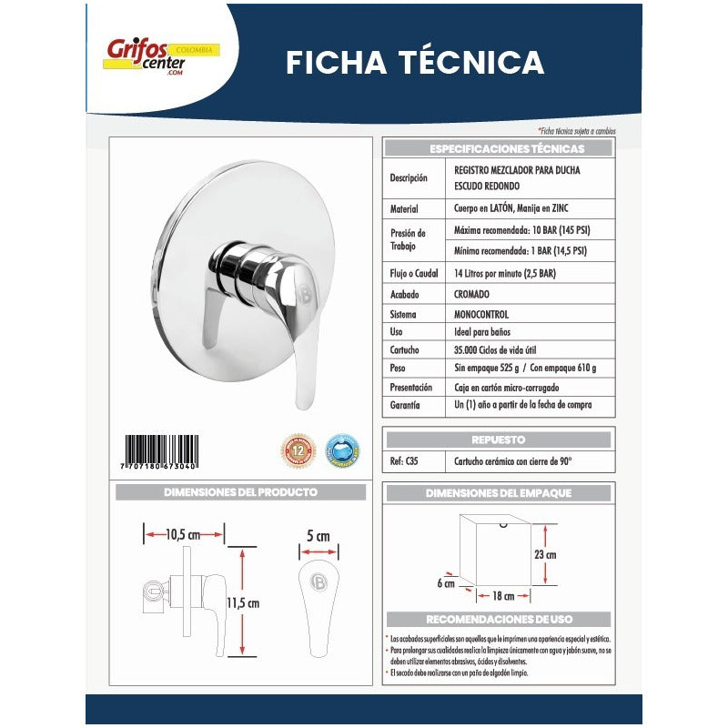 Registro Mezclador Ducha Monocontrol Escudo Redondo Acero