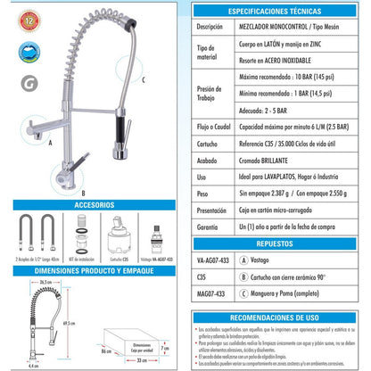 Mezclador Monocontrol Espiral Lavaplatos Industrial