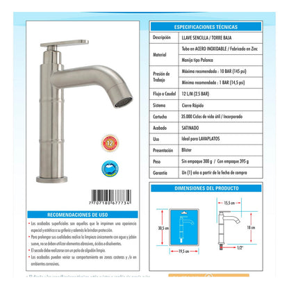 Grifería Lavamanos Agua Fría Baja Vasta