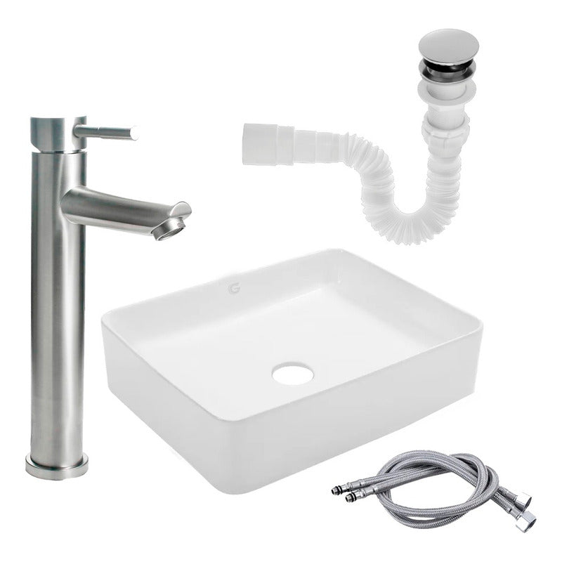 Kit Lavamanos Rectangular+grifo Monocontrol Satinada Recto