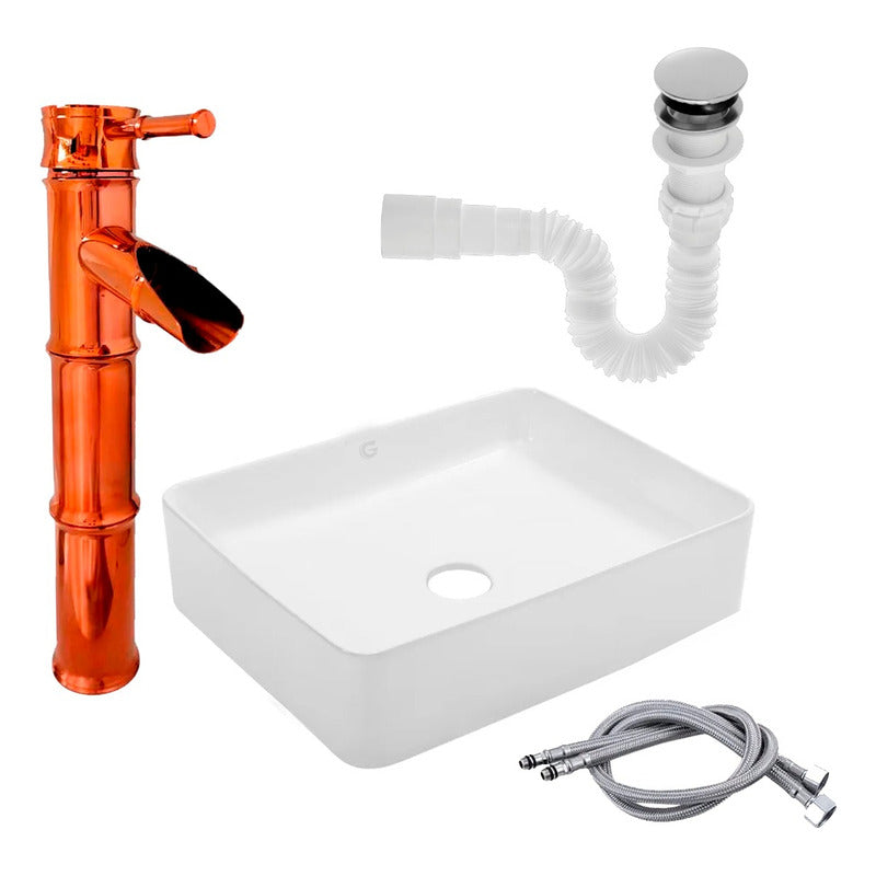 Kit Lavamanos Rectangular+grifo Mono.bambú Oro Rosa+push