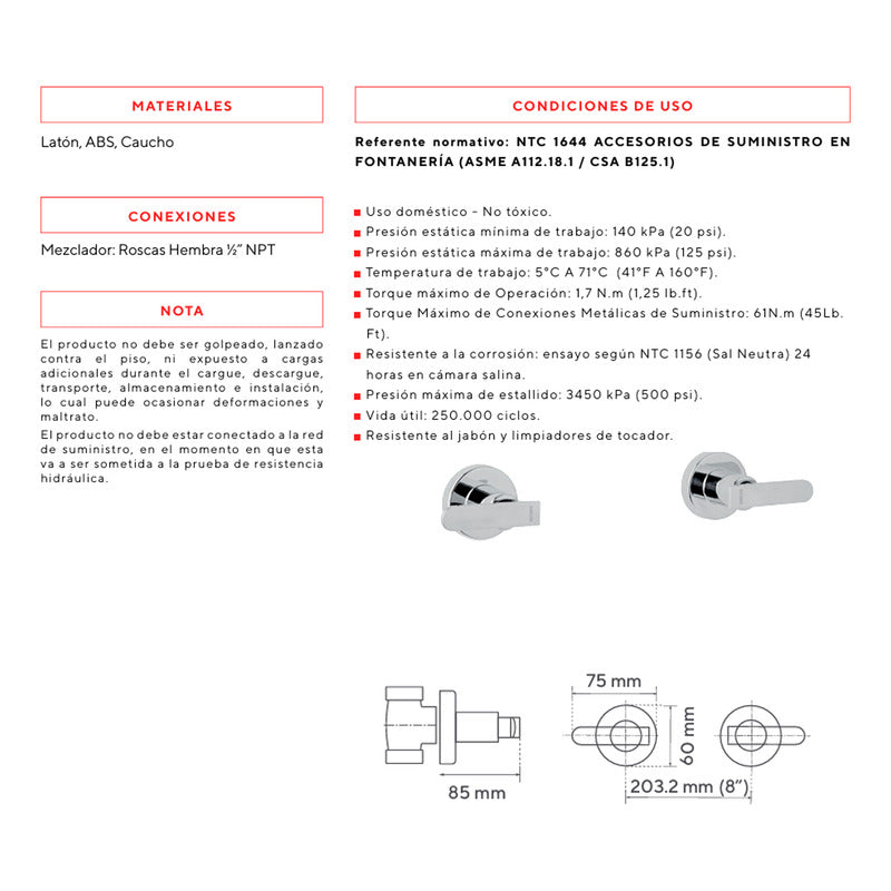 Mezclador 8 Pulgadas Ducha Piana Plateado Cromado