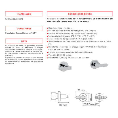 Mezclador 8 Pulgadas Ducha Piana Plateado Cromado