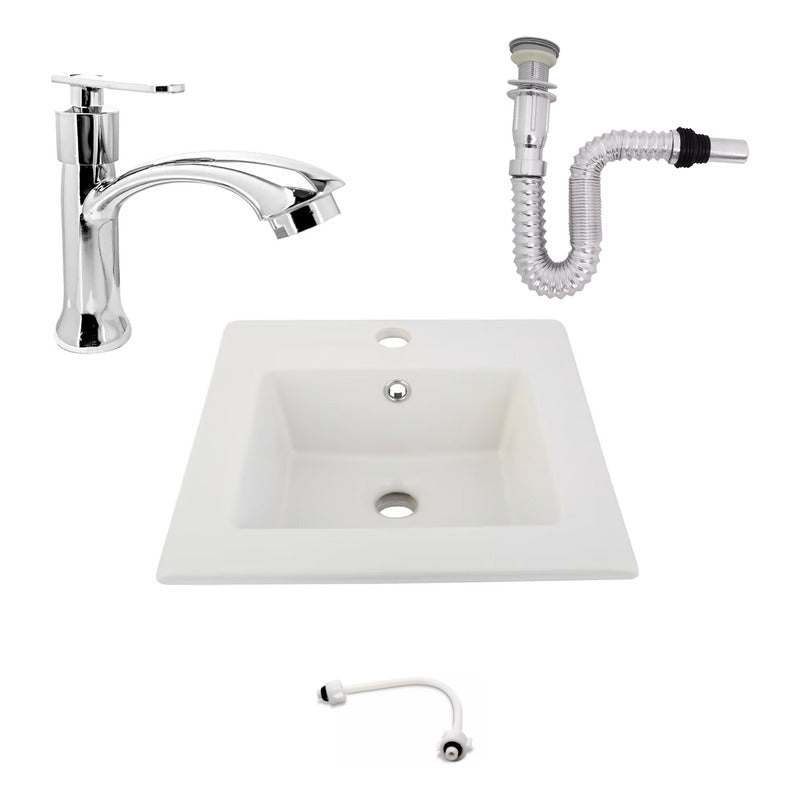 Kit Placa Lavamanos 41cm+griferia Agua Fria+push Flexible 16