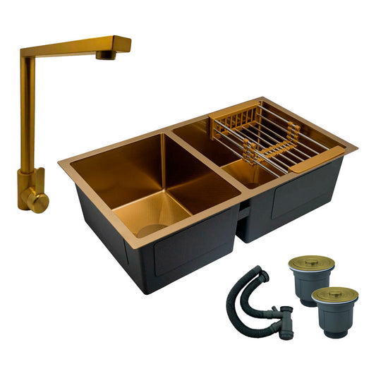 Combo Lavaplatos Doble 77*45cm+griferia Lvp Oro Cepillado