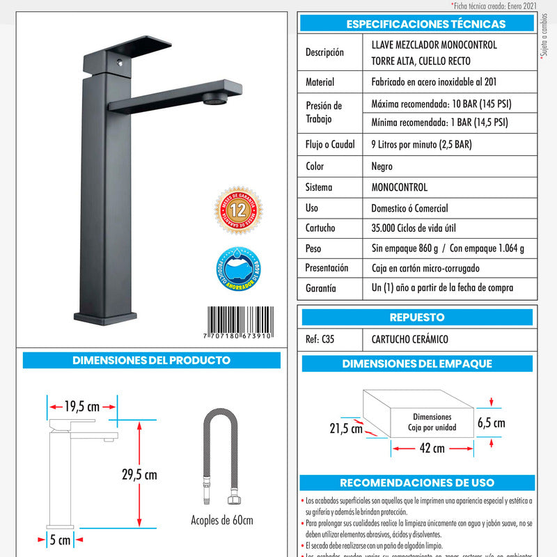 Kit Lavamanos Canoa+griferia Monocontrol Plana+push Negro