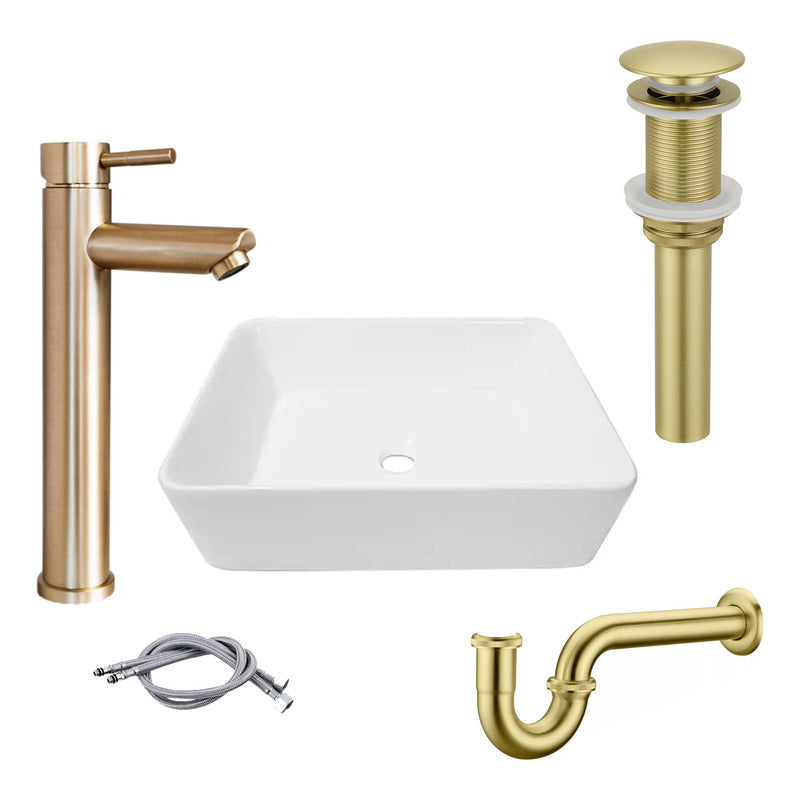 Combo Lavamanos Rectang.+griferia Monoc.+push+sifon Oro Cep2