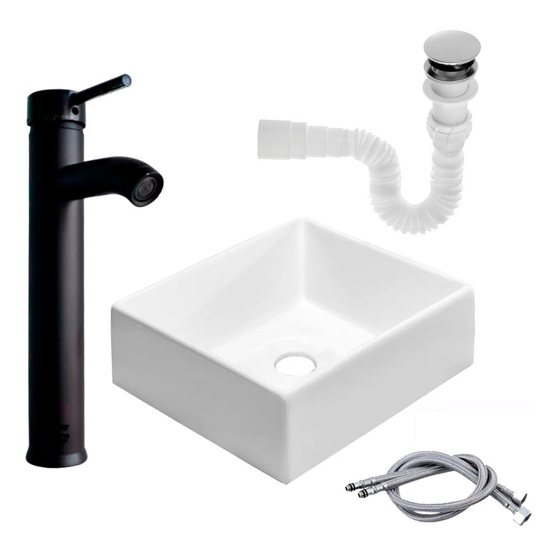 Kit Lavamanos Cuadrado+grifo Monocontrol Negro Curva + Push