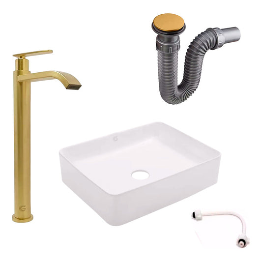 Kit Lavamanos Rectan.+griferia Agua Fria Oro Cepillada+push