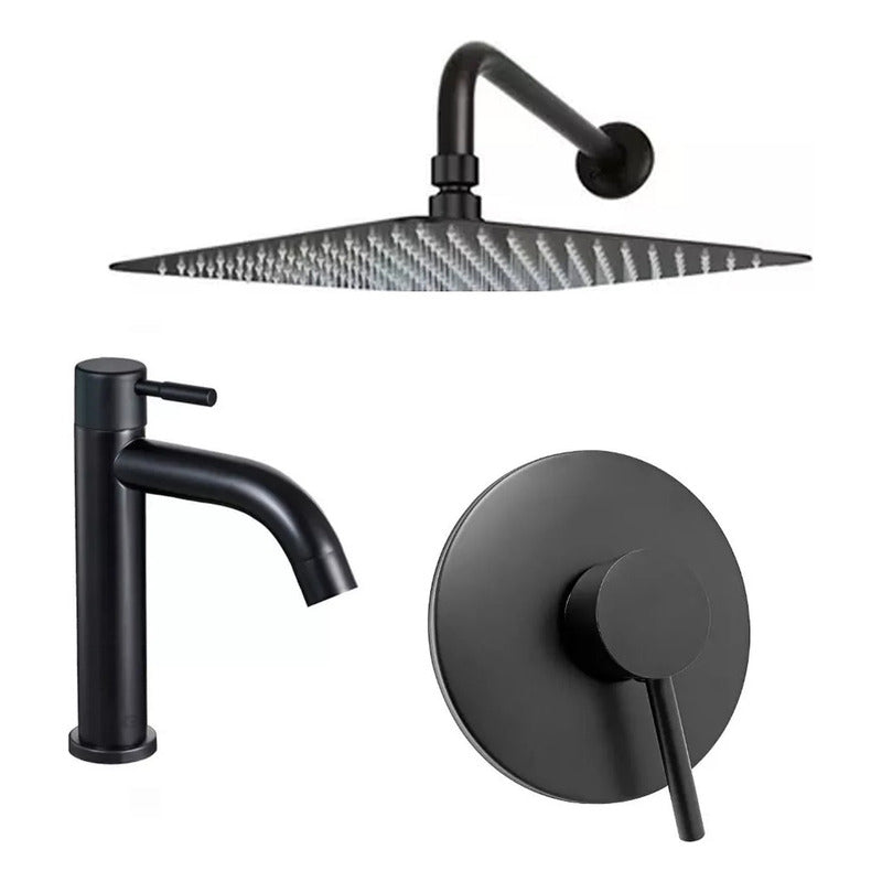 Kit Grifería Agua Fria+ Ducha 20cm+monocontrol Redondo Negro