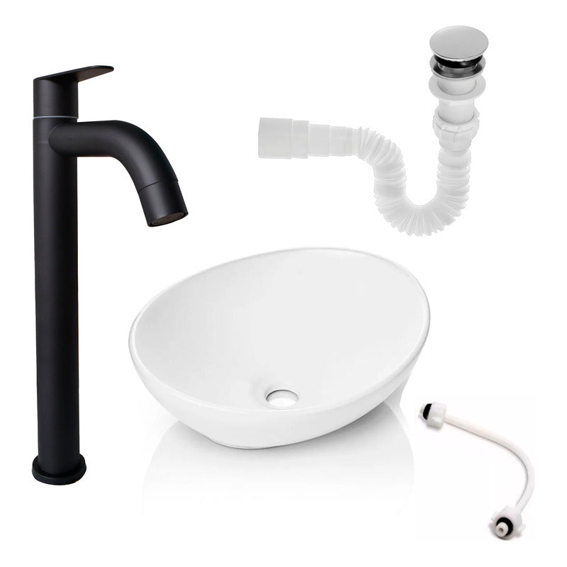Kit Lavamanos Canoa+griferia Negra Agua Fria + Push Y Acople