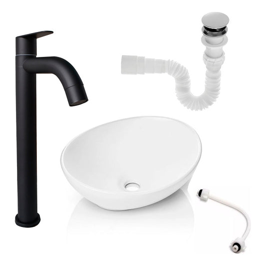 Kit Lavamanos Canoa+griferia Negra Agua Fria + Push Y Acople