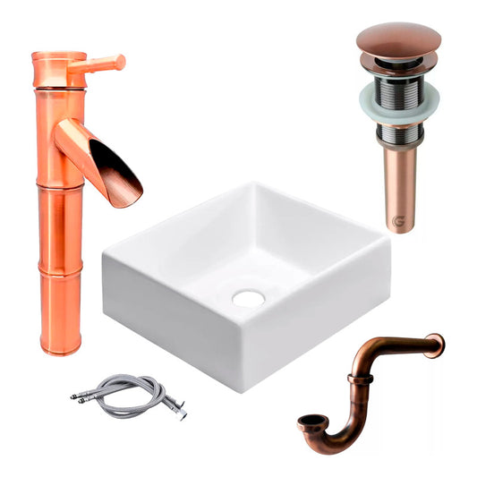 Kit Lavamanos Cuadrado+griferia Monoc.+push+sifon Cobre Ant.