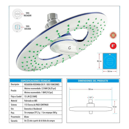 Regadera De 8 Pulgadas En Abs De 2 Funciones