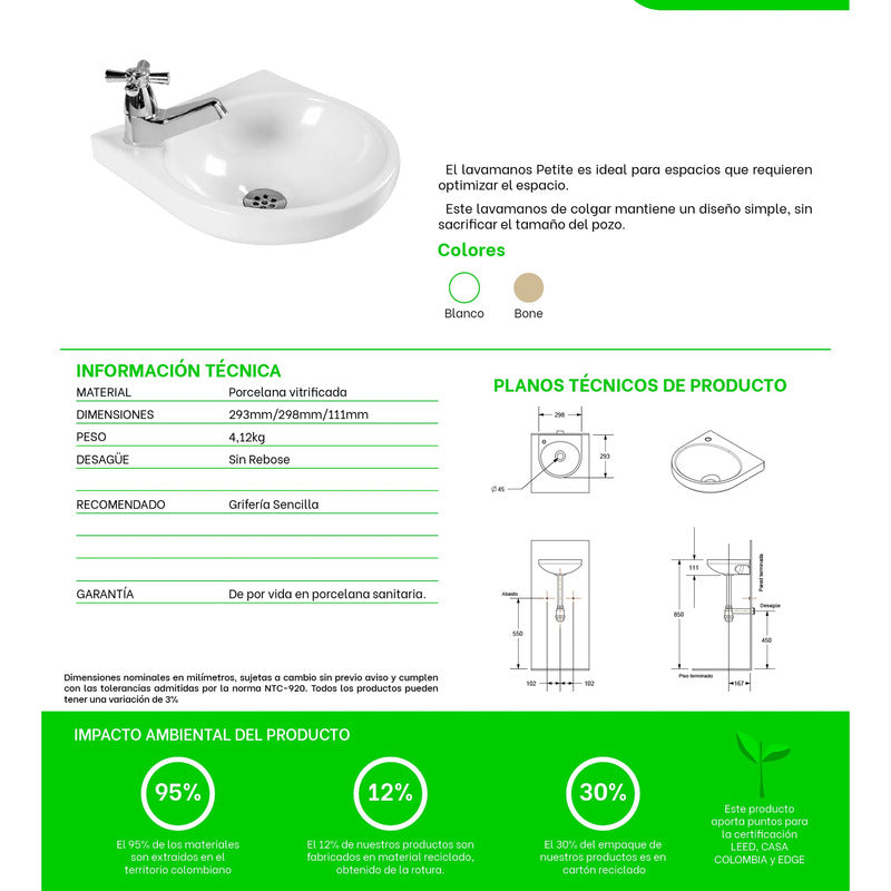 Lavamanos Blanco de Colgar Petite Blanco Sin Accesorio