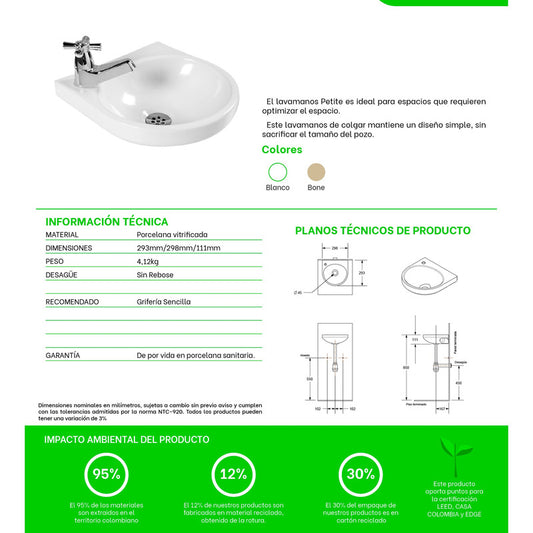Lavamanos Blanco de Colgar Petite Blanco Sin Accesorio