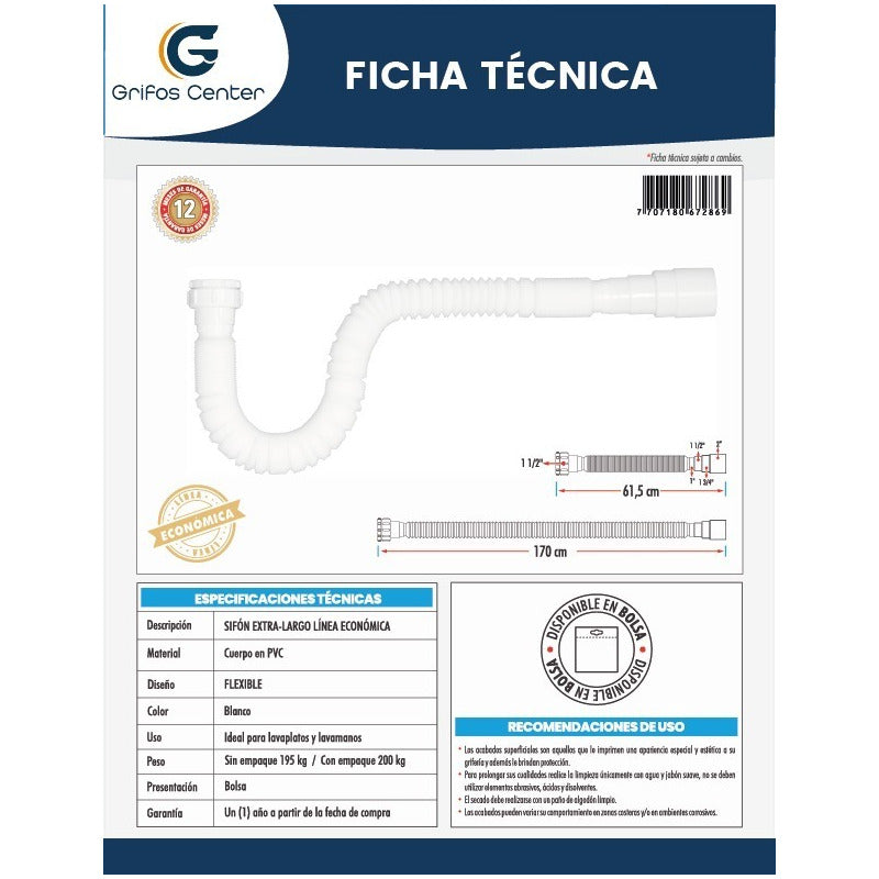 Sifón 1 Salida Flexible Extra Largo Linea Económica