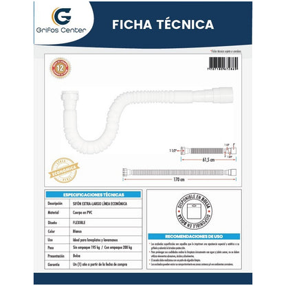 Sifón 1 Salida Flexible Extra Largo Linea Económica