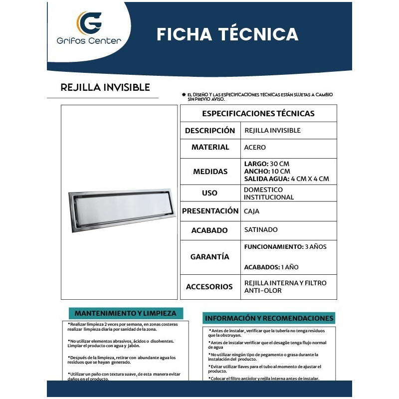 Rejilla Sifón Piso Invisible 30cm X 10cm Acero 304