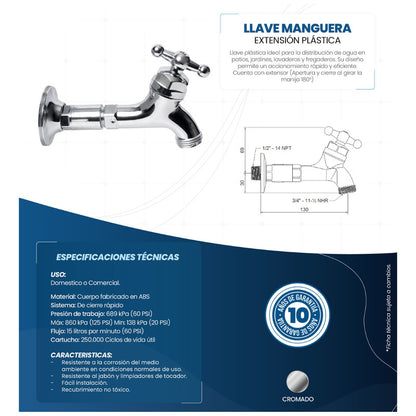 Griferia Llave Manguera Extension Plastica Cromada