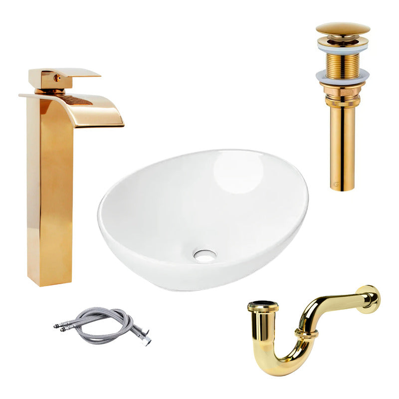 Combo Lavamanos Canoa+griferia Monoc +push+sifon Oro Gf3