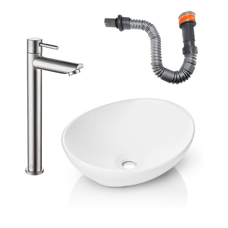 Kit Lavamanos Blanco+griferia Agua Fria+desague Flexible