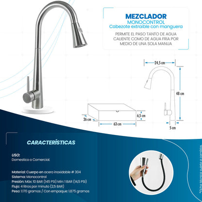 Mezclador Lavaplatos Acero Inoxidable Incluye Manguera