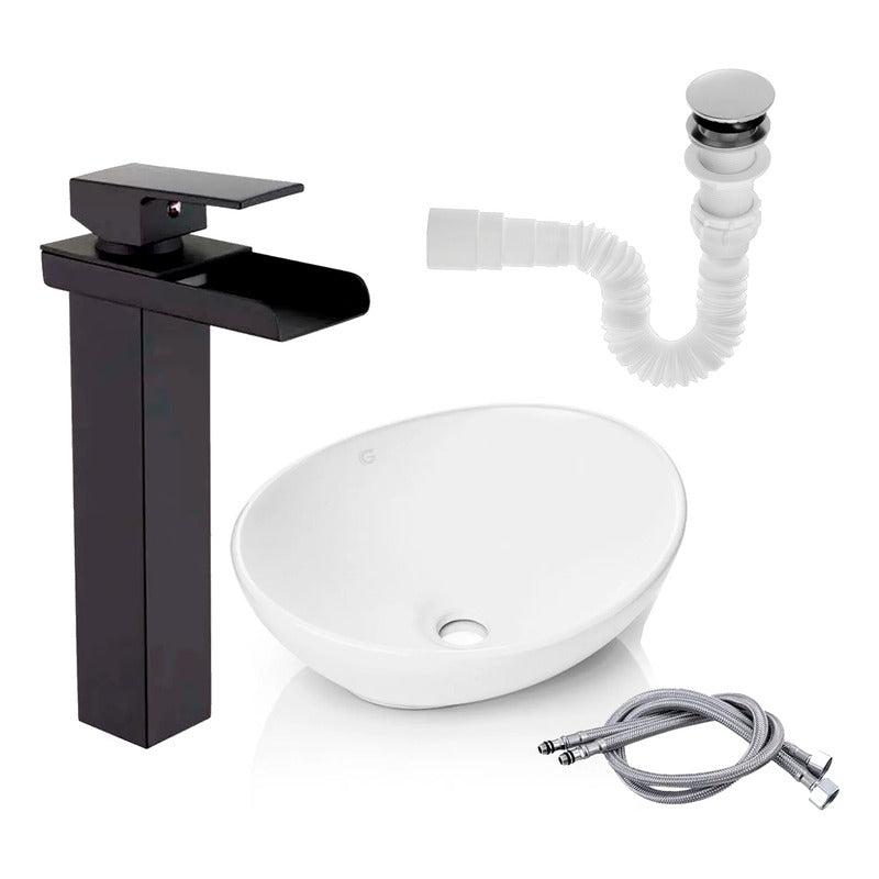 Kit Lavamanos+grifo Monocontrol Cascada Negro Mat+push+acopl